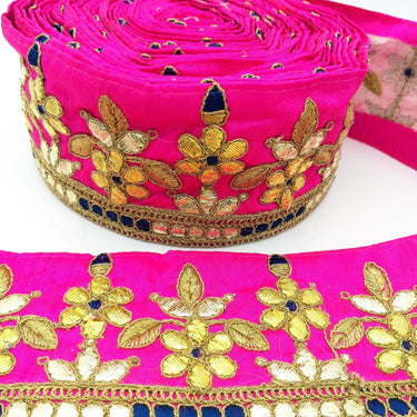 Fuchsia Pink Art Silk Fabric Trim, Blue & Gold Floral Embroidery Gota Patti Indian Sari Border Trim By Yard Decorative Trim Craft Lace